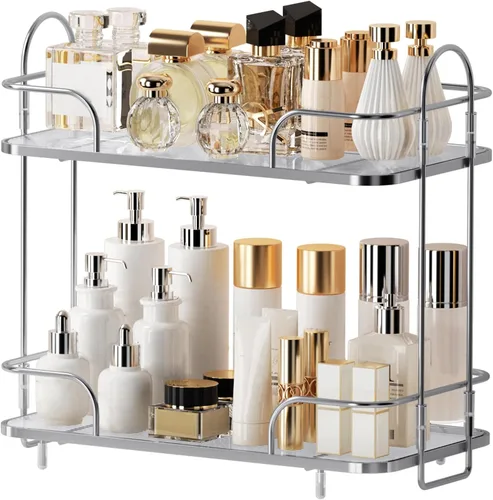 Miniatura 8 de Organizador de esquina de 2 niveles para encimera de baño, organizador cosmético para el cuidado de la piel, bandeja de perfume para encimera