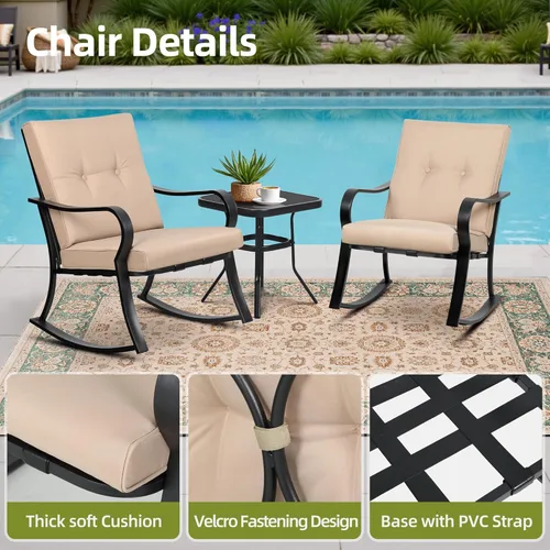 Miniatura 8 de SUNCROWN Juego de 3 sillas mecedoras para exteriores, muebles de acero negro con cojín grueso y mesa de centro con tapa de cristal, color marrón