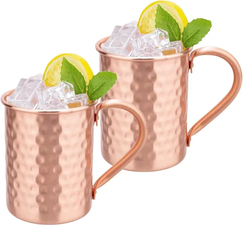 Juego de 2 tazas de cobre 100% puro, tazas Moscow Mule con asa, taza de cobre para beber en frío, taza con acabado martillado a mano, regalos para