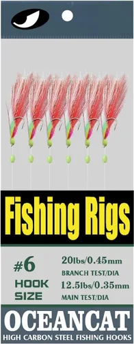 Miniatura 3 de Ocean CAT - Aparejos de pesca, 10 paquetes de 6 ganchos/juego de plumas blancas y rojas de piel de pez de agua salada, anzuelos de pesca de agua