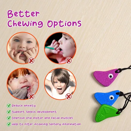 Miniatura 2 de Seeway - Collares masticables para niños sensoriales, paquete de 3 juguetes sensoriales de silicona para masticar, diferentes texturas Chewelry