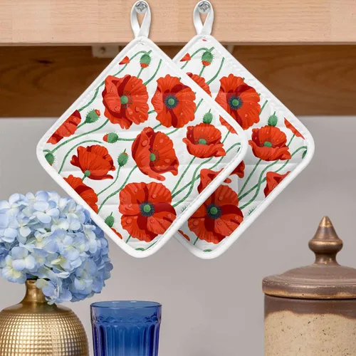 Miniatura 2 de Paquete de 2 soportes para ollas para cocina, flores de amapola naranja, a prueba de calor, con lazo para colgar, soportes para ollas calientes