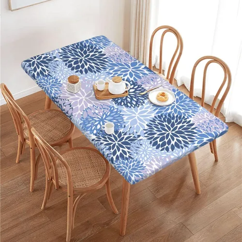 Miniatura 10 de Fiokroo Mantel de Flores de Crisantemo Azul, Amarillo y Azul Marino con Borde Elástico, Mantel Redondo Lavable y Reutilizable Cubierta de Mesa