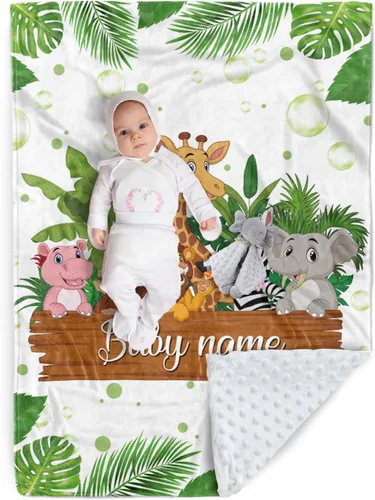 Miniatura 16 de Manta de bebé personalizada, nombre personalizado con diseño de animales del bosque, manta de felpa suave con respaldo punteado de doble capa