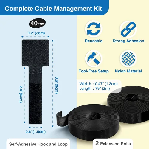 Miniatura 2 de Kit de gestión de cables – 40 sujetadores autoadhesivos de gancho y bucle con 2 correas de extensión – Fabricado con cinta 3M, organizador de cables