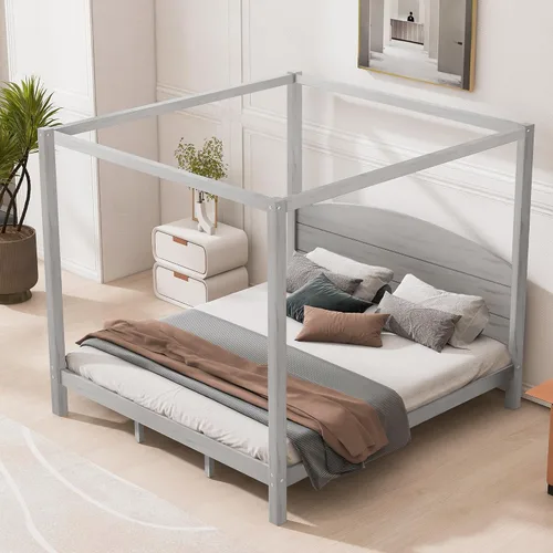 Linique Cama de plataforma tamaño King con cabecera y patas de soporte, marco de cama King de madera con cuatro pósteres, no requiere somier, gris