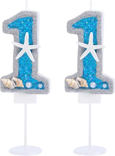 Miniatura 20 de Vela de cumpleaños número 0 3D número 0 para decoración de pastel para niños y niñas, niños pequeños bajo el océano, tema azul mar, fiesta