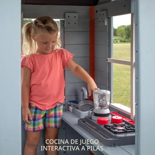 Miniatura 9 de Backyard Discovery Beacon Heights - Casa de juegos elevada de madera de cedro para niños con tobogán ondulado, cocina de juegos, cubierta