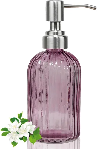 Miniatura 11 de Dispensador de jabón verde de 14 onzas para baño, paquete de 2, dispensadores de jabón de manos de vidrio transparente con bomba de acero