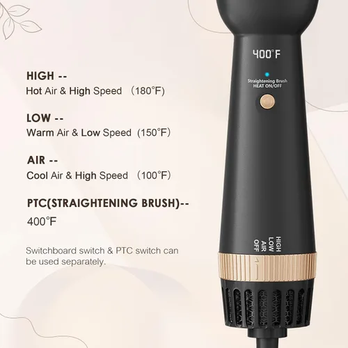 Miniatura 6 de Plancha plana de 110-120 V con cepillo calentado para alisar el cabello, secador de cepillo de soplado de un solo paso para cabello negro, cepillo