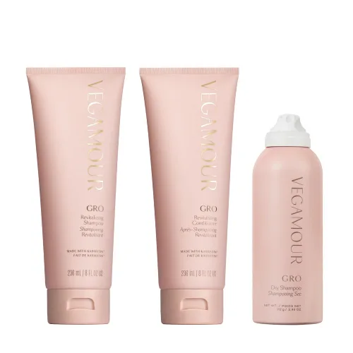Vegamour El kit diario incluye champú y acondicionador revitalizante GRO y champú seco GRO para adelgazar el cabello