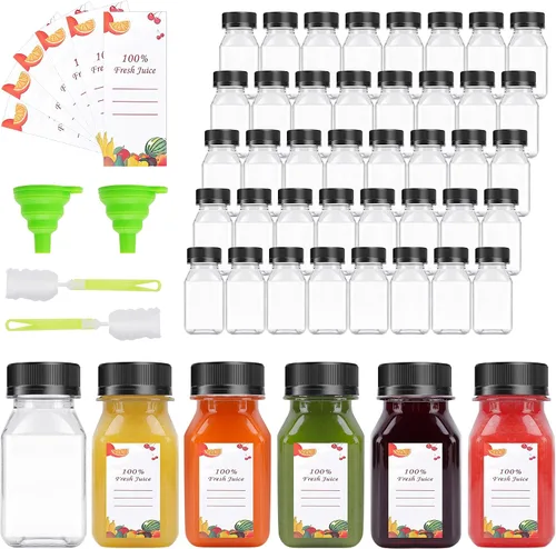 OBKJJ 56 botellas de jugo de 4 onzas, botellas de jugo con tapas, botellas transparentes vacías reutilizables con etiqueta, embudo, cepillo,