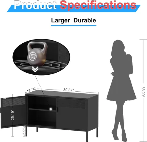 Miniatura 2 de Washsemba Aparador de almacenamiento de 2 puertas, armario de almacenamiento de metal con 2 estantes ajustables, gabinete de metal multiusos