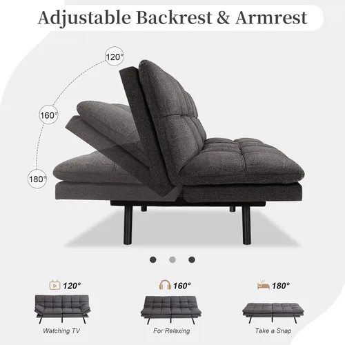 Miniatura 3 de Opoiar Sofá cama plegable de espuma viscoelástica convertible con reposabrazos y respaldos ajustables para espacios pequeños, oficina, estudio