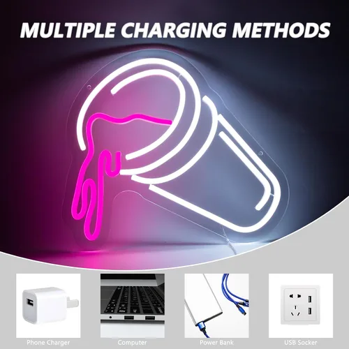 Miniatura 5 de Moodion - Letrero de neón de doble taza para decoración de pared, letreros de luces LED de neón rosas regulables para bar y cueva de hombre, cup