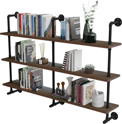 Miniatura 10 de Estantes de pared de tubería industrial con tablón de madera real, estantes flotantes de 48 pulgadas para pared, estantería de libros estilo granja