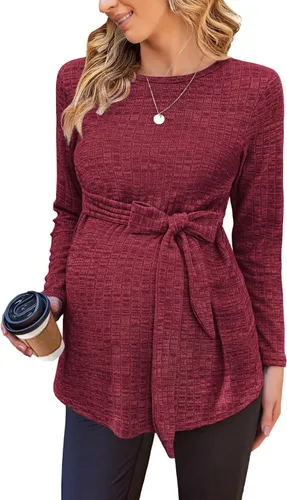 Ekouaer Women's Maternity Long Sleeve Shirts Pregnancy Shirt Casual Ribbed Knit Pregnant Blouses S-XXL