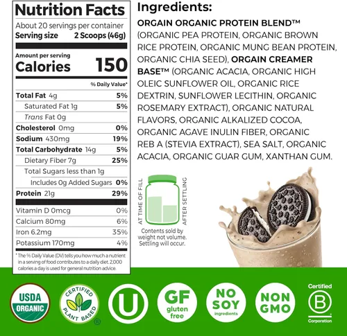 Miniatura 2 de Orgain - Proteína orgánica vegana en polvo, galletas y crema - 21g de proteína a base de plantas, 7g de fibra prebiótica, bajo en carbohidratos