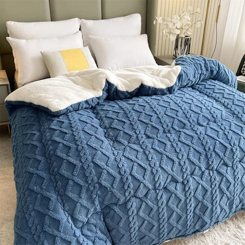 Miniatura 9 de Edredón de felpa de cordero grueso de doble capa, edredón cálido para invierno, edredón jacquard a cuadros de hibisco, manta de cama gruesa