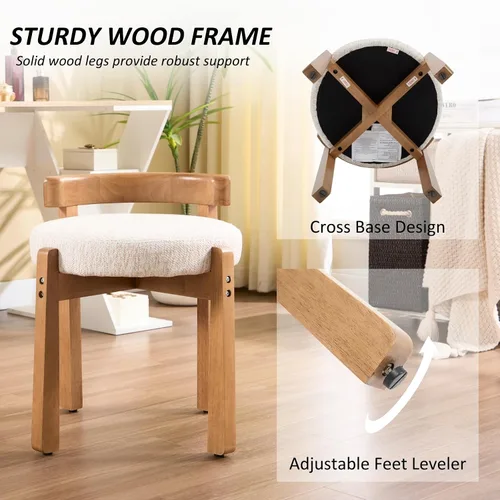 Miniatura 5 de HEAH-YO Silla de tocador de madera con respaldo, reposapiés otomano pequeño tapizado de felpilla, silla de maquillaje moderna de mediados de siglo