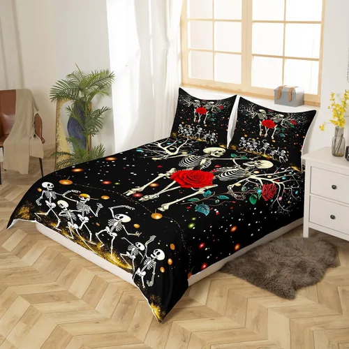 Miniatura 2 de Juego de funda de edredón de esqueleto, tamaño individual, estampado de flores de esqueleto humano, juego de ropa de cama con temática de Halloween