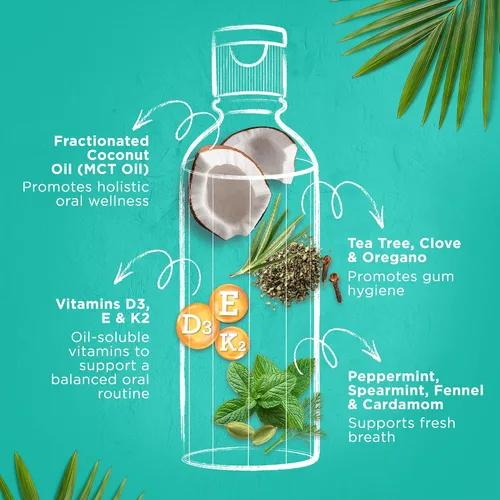 Miniatura 8 de GuruNanda Enjuague bucal con extracción de aceite CocoMint tamaño de viaje, 7 aceites esenciales y vitaminas, promueve el aliento fresco y encías