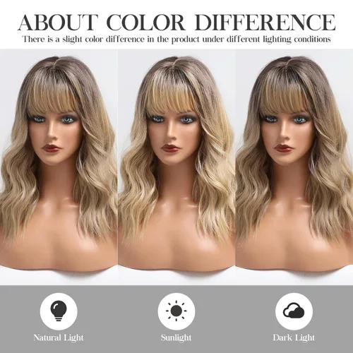 Miniatura 7 de HAIRCUBE Pelucas de color marrón a rubio con flequillo, pelucas sintéticas de cabello rizado, pelucas de cabello largo ondulado natural resistente