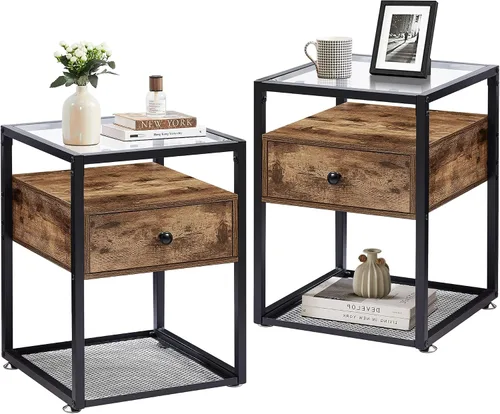Miniatura 8 de VECELO Mesita de noche moderna con cajón, mesita de noche para sala de estar, dormitorio, vidrio templado, gris