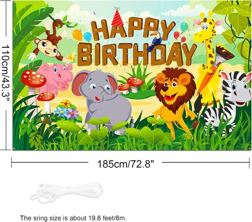Miniatura 2 de HOWAF Cartel de tela de feliz cumpleaños para decoración de fiestas temáticas de animales de la selva, decoración de fondo de pared para niños