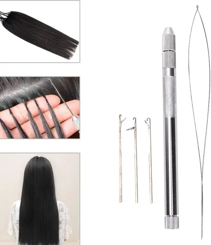 Miniatura 7 de 5 agujas de bucle de extensión de cabello, mango de aluminio, herramienta de gancho para tirar de enhebrador y herramienta de dispositivo