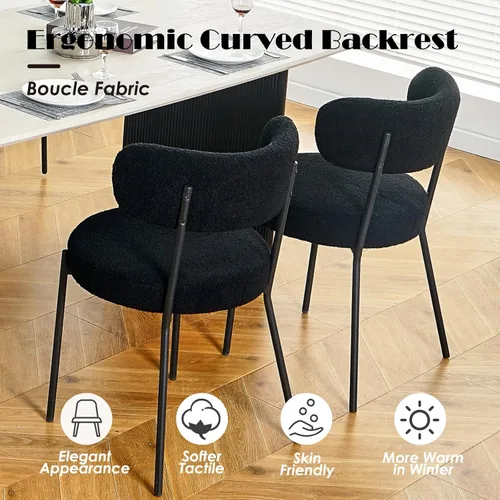 Miniatura 6 de Juego de mesa de comedor ovalada negra moderna de 70.9 pulgadas para 4, mesa de cocina rectangular estilo crema con sillas negras Boucle, juego