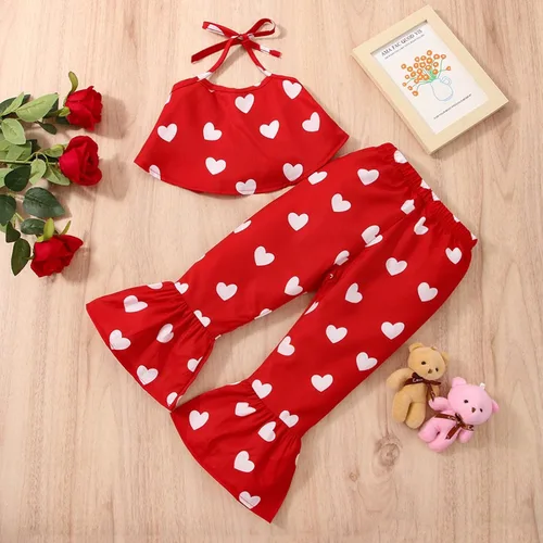 Miniatura 7 de TBUIALL Toddler Girls Valentine's Day Sleeveless Vest Tops Hearts Printed Bell Bottoms Pants Kids Outfits Swaddling Set