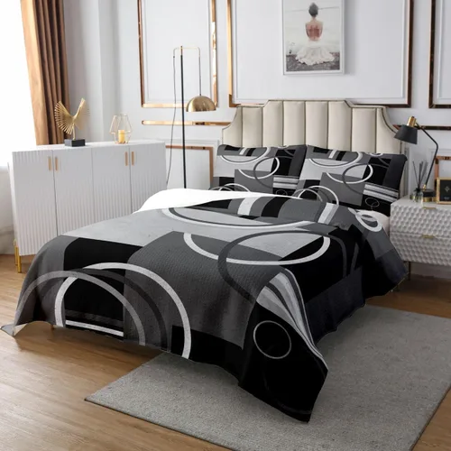 Miniatura 3 de Erosebridal Juego de edredón moderno con diseño de círculos, color gris, negro y blanco, tamaño King, juego de colcha cuadrada con diseño de Multi 08
