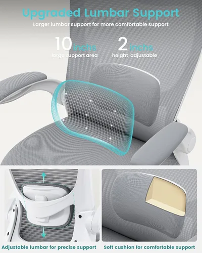 Miniatura 5 de MUXX.STIL Silla de oficina, silla de escritorio ergonómica con soporte lumbar ajustable y reposabrazos abatibles, silla de computadora de malla Gris