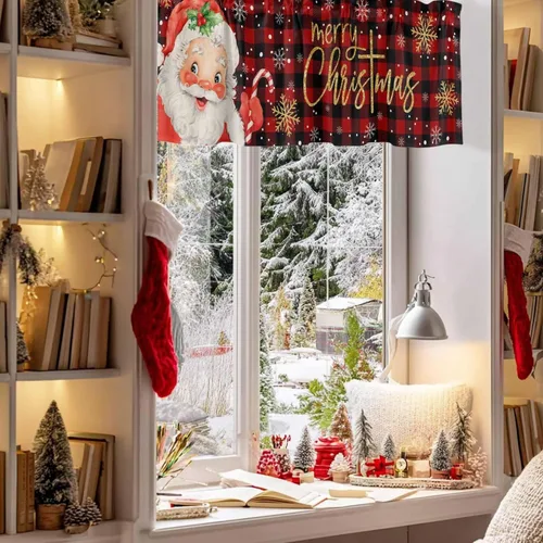 Miniatura 4 de Cenefa de Navidad para ventanas, cenefas de Papá Noel, cenefa con bolsillo para barra, tratamientos de ventana, cortinas cortas a cuadros rojos