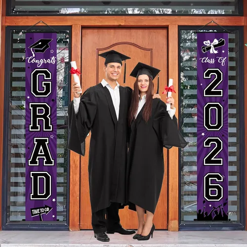 Miniatura 5 de Cartel de graduación 2026, decoraciones de graduación negro y dorado, letrero de porche de clase de 2026, decoración de puerta de felicitaciones
