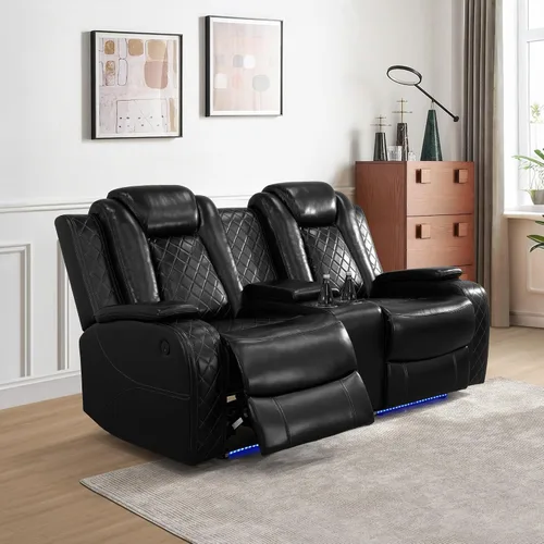Miniatura 7 de Juego de sofá reclinable eléctrico, juego de sofá reclinable de cuero con luz LED y portavasos, juego de muebles reclinables de cuero eléctrico