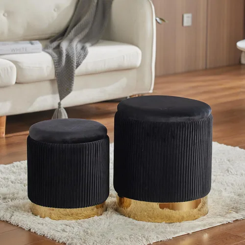 Miniatura 6 de Otomana redonda de 17 y 14 pulgadas con almacenamiento, juego de 2 taburetes tapizados de terciopelo para sala de estar, otomanos, reposapiés