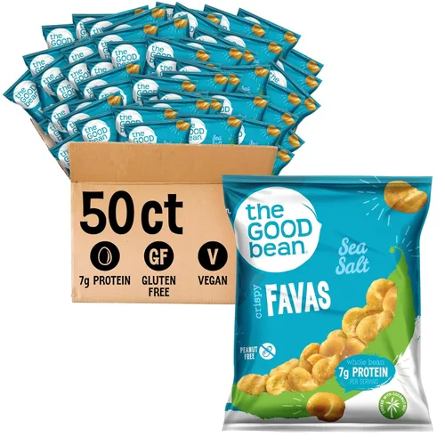 The Good Bean Crispy Favas - Sal marina - (paquete de 50) bolsa de 1 onza - Frijoles Fava - Snack vegano con buena fuente de proteína vegetal y fibra