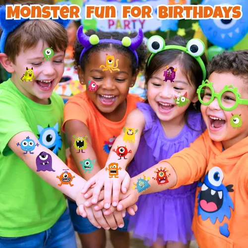 Miniatura 4 de 96 tatuajes temporales precortados de monstruo para niños, suministros para fiestas de cumpleaños de pequeños monstruos, calcomanías divertidas