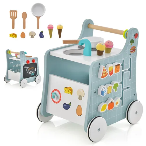 HONEY JOY Andador de empuje para bebés, centro de actividades de madera 6 en 1 con clasificador de formas y pizarra, desarrolla habilidades motoras,