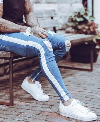 Miniatura 3 de HUNGSON Pantalones de mezclilla ajustados para hombre elásticos rasgados rasgados con rayas laterales Azul