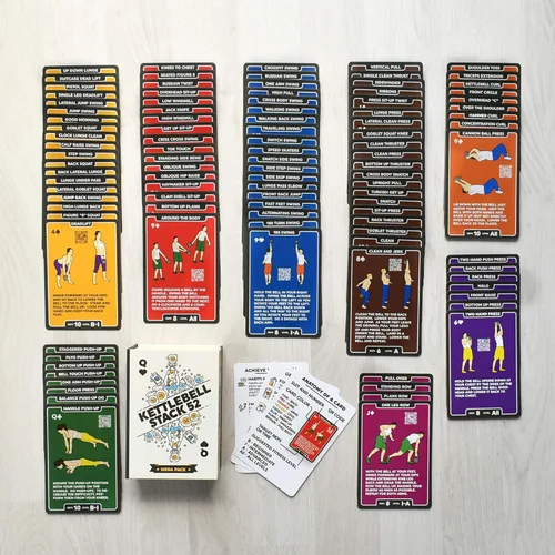 Miniatura 5 de Tarjetas de ejercicio Stack 52 con pesa rusa. Juego de cartas para entrenamiento de peso corporal. Incluye instrucciones en video. Aprende Mega Pack