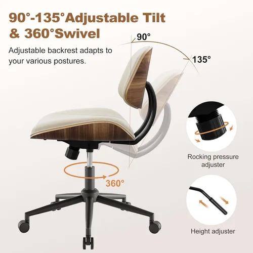 Miniatura 3 de Silla de Oficina sin Brazos con Ruedas, Silla de Escritorio de Cuero PU de Altura Ajustable - Silla de Computadora Ergonómica Giratoria de 360°