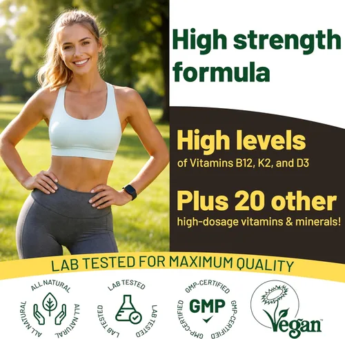 Miniatura 5 de Multivitamínicos y minerales veganos con vitamina B12, D3 y K2. 180 tabletas multivitamínicas - suministro de 6 meses. Vitaminas para veganos