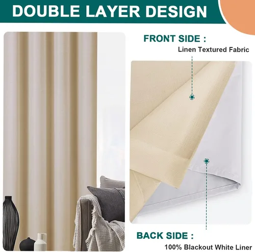 Miniatura 7 de Diraysid Cortinas 100% opacas de lino beige para dormitorio, con ojales, aislamiento térmico, cortinas de oscurecimiento de habitación