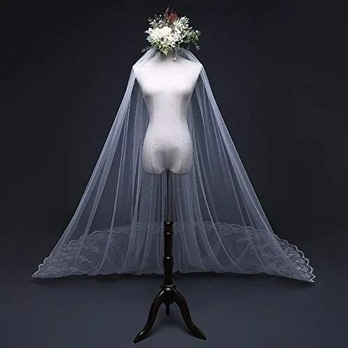 Miniatura 3 de Accesorio de boda de una capa para mujer velo largo de boda bordado floral apliques de encaje festoneado velo de novia con peine color marfil