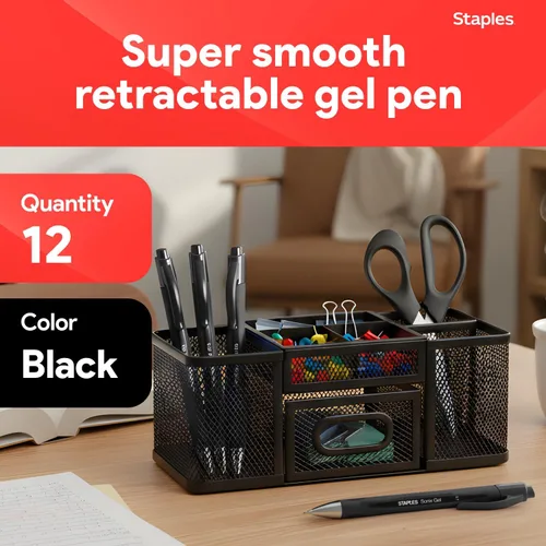 Miniatura 2 de STAPLES Bolígrafos de gel retráctiles, punta media de 0.028 in, tinta negra, paquete de 12 bolígrafos de gel Sonix con clip de bolsillo