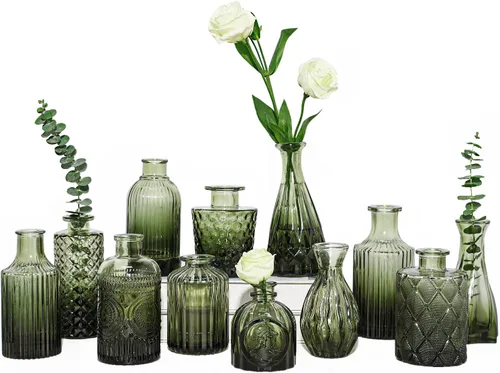 TBWIND Juego de 12 jarrones de cristal verde, pequeños jarrones para flores, florero para centros de mesa a granel, mini jarrón vintage para
