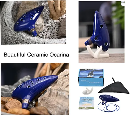 Miniatura 5 de Ocarina Piccolo de cerámica Alto C de 12 agujeros, regalo de instrumento musical para adultos principiantes con soporte de exhibición, libro de Azul